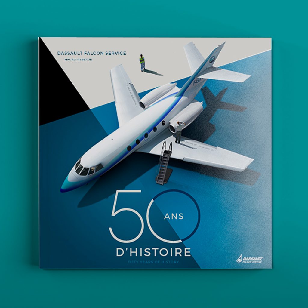 Livre anniversaire Dassault Falcon Service. Visuel de couverture en illustration très graphique