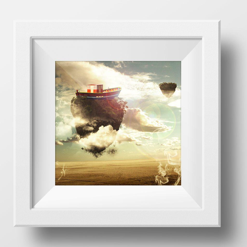 illustration photomontage photoshop. Bateau de pêche dans les nuages