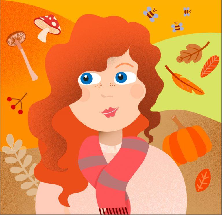 Illustration jeune femme rousse confiante, cheveux au vent, teintes orangées, petits éléments évoquant l'automne qui virevoltent autour d'elle