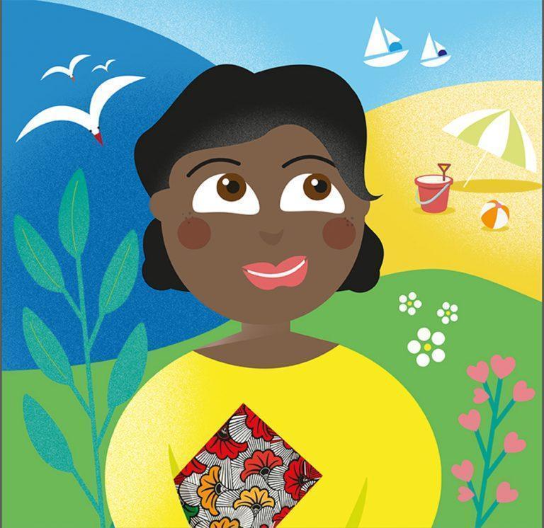 Illustration jeune femme noire, rêveuse, elle tient une pochette en wax, nombreux éléments évoquant la saison autour d'elle. Mouettes, voiliers, parasol, seau et ballon