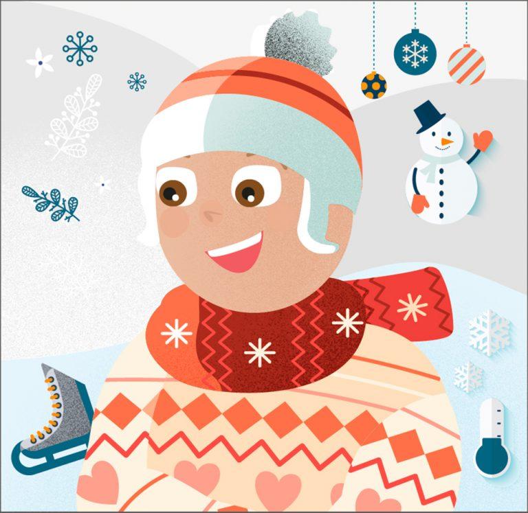 Illustration jeune garçon arborant bonnet et écharpe de laine ainsi qu'un pull jacquard. De nombreux petits éléments évoquant la saison froide l'entourent : boules de noël, patin à glace, thermomètre, bonhomme de neige.