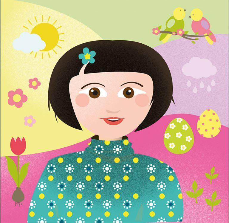 Illustration jeune femme asiatique au petit haut fleuri. Coiffure sage avec une fleur bleue en barrette. Nombreux éléments évoquant la saison autour d'elle : œufs de Pâques, oiseux qui piaillent, jeune poussent/ Couleurs acidulées et fraîches.