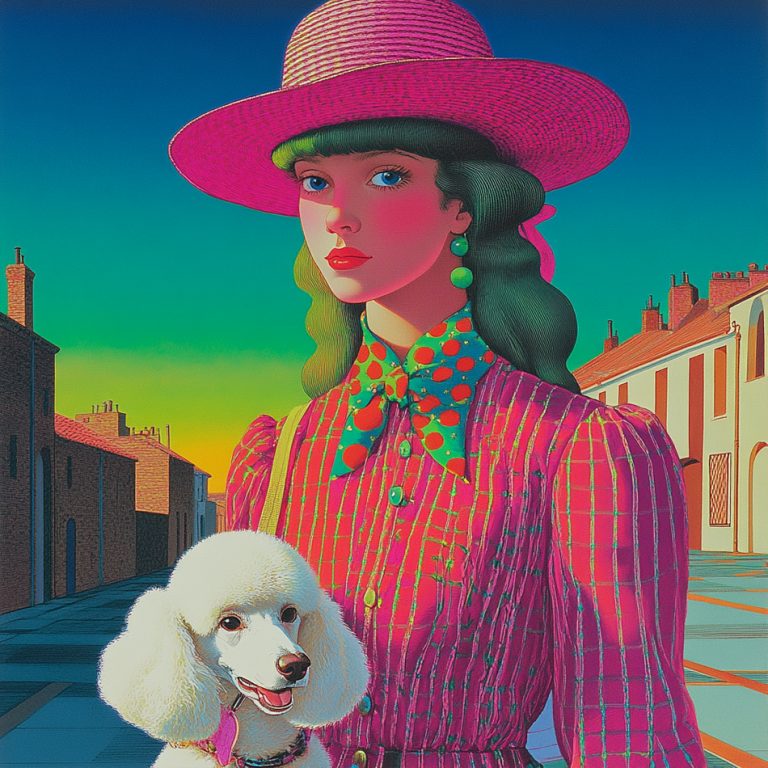 Visuel généré sur Midjourney, vibrance absolue pour les pupilles. Pop style pour cette femme au caniche blanc