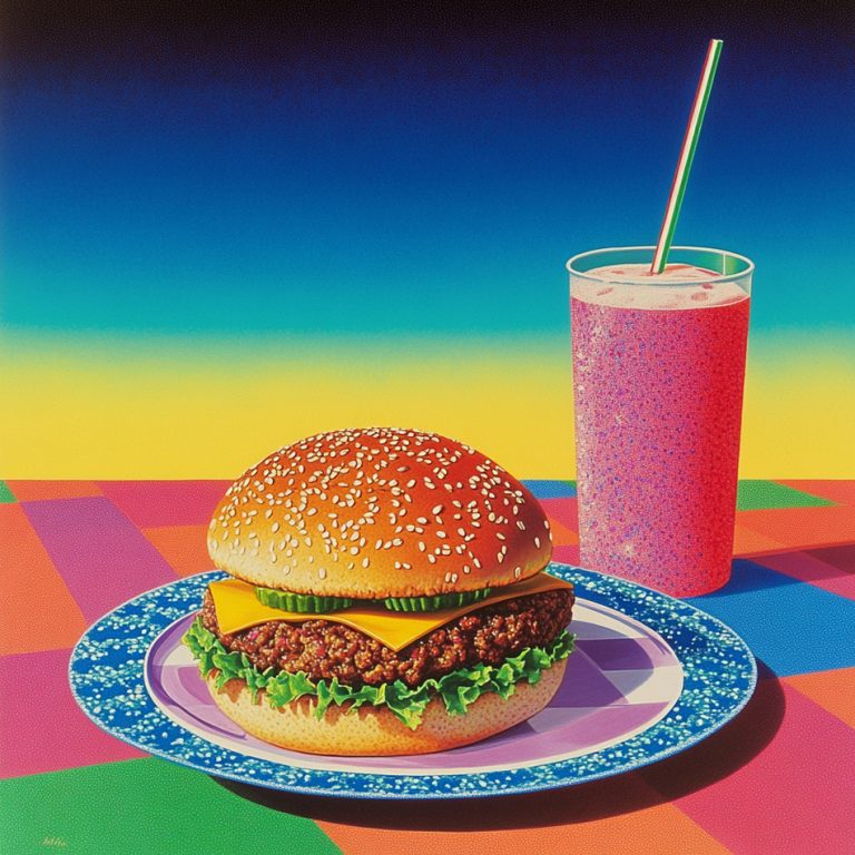 Visuel généré sur Midjourney, vibrance absolue pour les pupilles. Pop style burger
