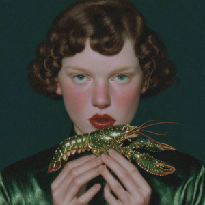 Portrait rococo d’une femme croquant une écrevisse – art décalé IA