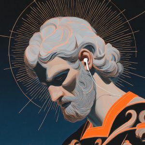 Saint assis sur un nuage, casque audio sur les oreilles.