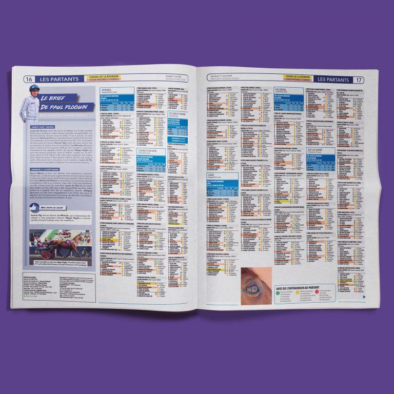 Mise en page d’un journal de trot : double page dédiée aux résultats de courses hippiques estivales.